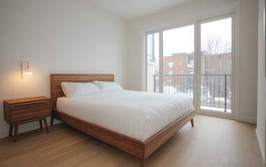 Modern bedroom with large windows and wooden furniture in a snowy setting