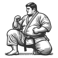 martial artist in a karate gi, showing strength, focus, and discipline in a powerful pose sketch engraving generative ai raster illustration. Scratch board imitation. Black and white image.