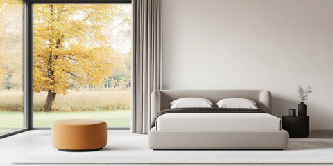 Modern bedroom with large window showcasing autumn scenery and minimalistic decor