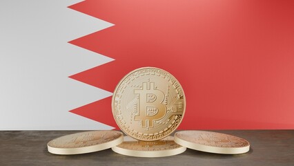 Golden bitcoin coin in front of the Bahraini flag, symbolizing cryptocurrency and digital finance in Bahrain, representing blockchain innovation and financial technology in a patriotic context