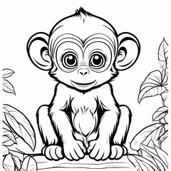 A delightful black-and-white line art illustration of a cute baby monkey sitting on a branch, surrounded by lush jungle leaves. Perfect for coloring, animal-themed designs, and children&rsquo;s projects.
