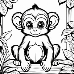 Obraz premium A delightful black-and-white line art illustration of a cute baby monkey sitting on a branch, surrounded by lush jungle leaves. Perfect for coloring, animal-themed designs, and children’s projects.