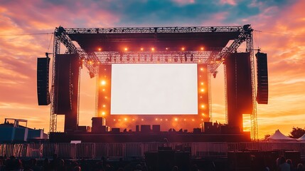 Majestic Stage Concert with blank white screen, sound system and lighting truss at sunset