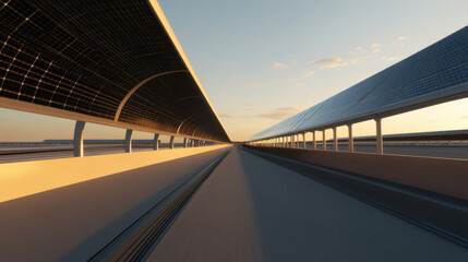 intricate underside of solar panel farm showcases vast expanse of solar panels aligned in rows, capturing sunlight. warm glow of setting sun enhances scene, creating serene atmosphere