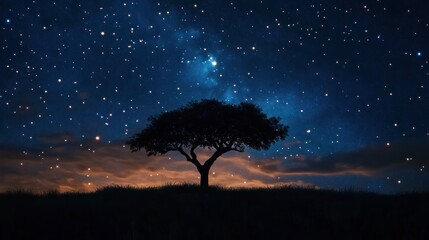 A silhouette of a lone tree under a sky full of bright stars 