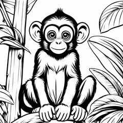 Obraz premium A delightful black-and-white line art illustration of a cute baby monkey sitting on a branch, surrounded by lush jungle leaves. Perfect for coloring, animal-themed designs, and children’s projects.