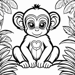 A delightful black-and-white line art illustration of a cute baby monkey sitting on a branch, surrounded by lush jungle leaves. Perfect for coloring, animal-themed designs, and children’s projects.