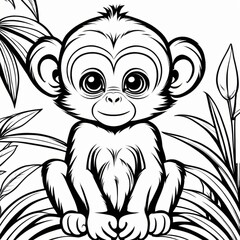 Obraz premium A delightful black-and-white line art illustration of a cute baby monkey sitting on a branch, surrounded by lush jungle leaves. Perfect for coloring, animal-themed designs, and children’s projects.