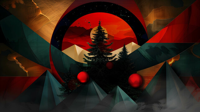 Abstract Minimalist Christmas Tree with Geometric Mountains and Cosmic Sky..
