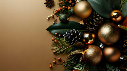 Golden and Green Christmas Decoration with Pinecones and Ornaments..