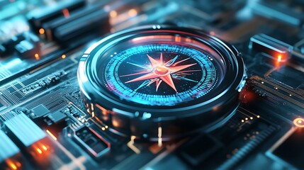 Glowing Compass integrated on circuit board, symbolizing guidance and direction in advanced technology