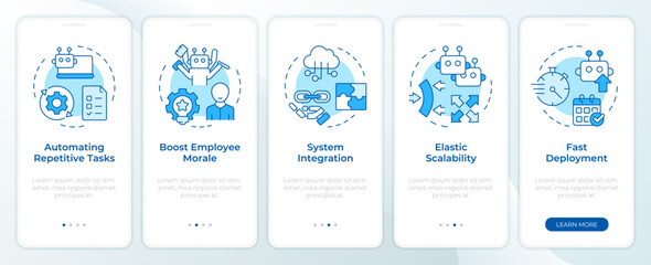 Benefits of RPA blue onboarding mobile app screen. Robotization walkthrough 5 steps editable graphic instructions with linear concepts. UI, UX, GUI template. Montserrat SemiBold, Regular fonts used