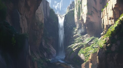 A hidden waterfall deep in a canyon surrounded by towering cliffs.