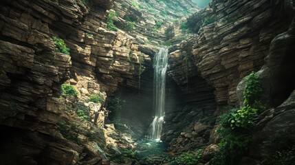 A hidden waterfall deep in a canyon surrounded by towering cliffs.