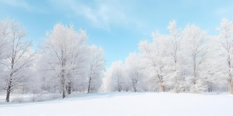 Fototapeta premium Winter landscape with snow-covered trees and a clear blue sky in the background, outdoor, frosty, frost