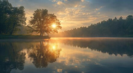 Fototapeta premium Sunrise over calm lake, tree silhouette reflected in tranquil water, misty morning.
