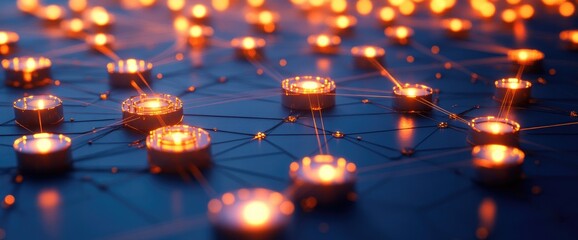 Illuminated Network: Nodes Connect Globally, Bright Lights Symbolize Data Flowing Continuously.
