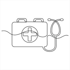 Continuous single line drawing of first aid kit box Medical kit bag outline design vector illustration