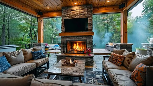Cozy outdoor living space with fireplace, beautiful forest view, and comfortable seating area during autumn