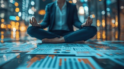 Professional meditating surrounded by financial documents, promoting work-life balance