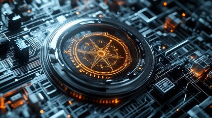 Glowing Compass integrated on circuit board, symbolizing guidance and direction in advanced technology