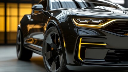 Obraz premium Close-up transparent PNG of a performance SUV, showcasing its sleek front-end design and advanced lighting system.