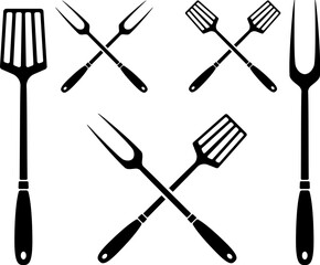 Grill. Tools for grilling. Grill fork, kitchen spatula, bbq tools. Design element for logo, label, sign, poster, flyer. Vector illustration