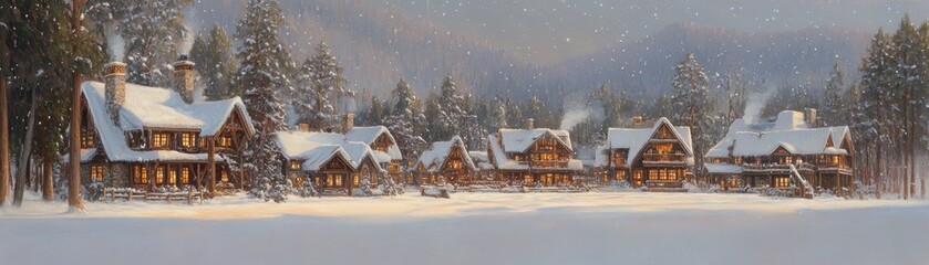 Winter Village Snowfall, Oil Painting, Cozy Cabin Scene