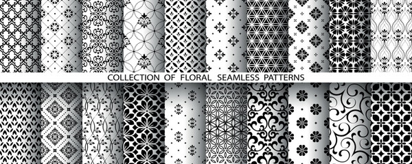 Geometric floral set of seamless patterns. White and black vector backgrounds. Damask graphic ornaments.