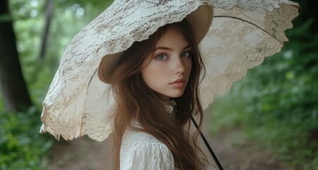 A historically recreated image of a lovely girl in a white dress and hat holding a lace umbrella standing on a forest path and gazing at the camera