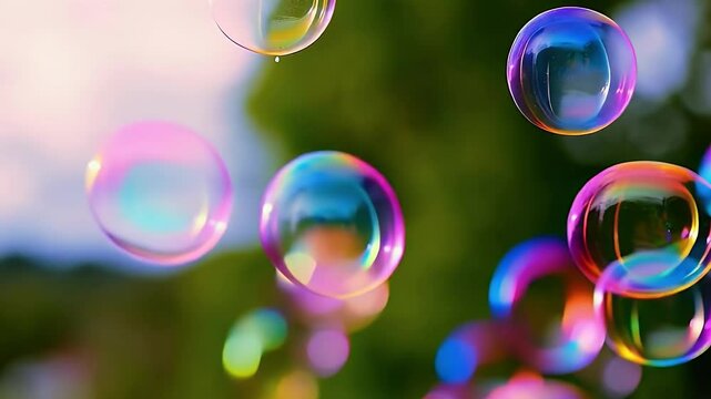 Colorful soap bubbles gently floating and shimmering in soft light against a blurred nature background, creating a playful and vibrant mood.
