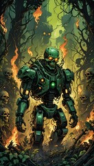 Fototapeta premium Mysterious robot guardian rises amidst glowing flames and ancient skulls in a forgotten jungle realm. Generative AI