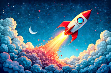 Rocket launches from a vibrant cloud-filled atmosphere with a starry night sky and a crescent moon in the background