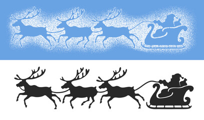 Santa Claus sleigh and reindeer. Set of snow spray stencils for winter holidays, Christmas and New Year celebration. Cute decoration for windows, walls, any surface. Sprinkle stencil print. Vector