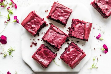Aerial shot of cut red velvet brownies on a marble tray