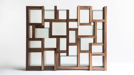 Abstract wooden room divider with glass shelves.