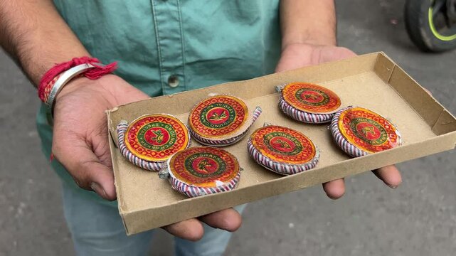 A man proudly presents a cardboard box filled with six vibrant spinner charkhi firecrackers, ready to dazzle.
