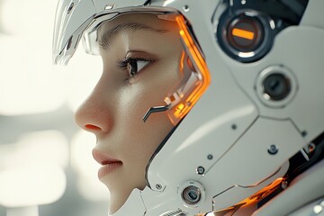 Futuristic helmet design showcases intricate technology and human features in a sci-fi environment