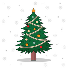 Obraz premium Christmas Tree Vector Illustration with Ornaments, Garland, and Snowflake Background, Hand-Drawn Christmas Tree Illustration with Lights and Decorations