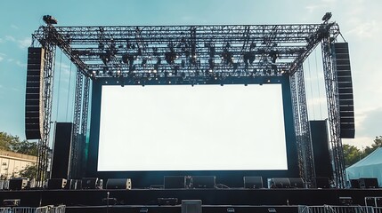 Majestic Stage Concert with blank white screen, sound system and lighting truss, Mockup stage design