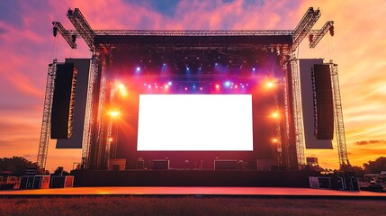 Majestic Stage Concert with blank white screen, sound system and lighting truss at sunset