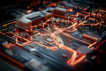 Complex circuitry illuminated by glowing lines in a high-tech environment