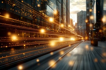 Fototapeta premium Vibrant cityscape with dynamic light trails and urban architecture at dusk
