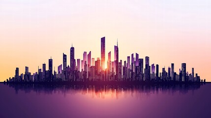 Fototapeta premium A stunning skyline silhouette against a vibrant dusky sky, featuring skyscrapers and modern architecture. The soft gradients of orange and purple create a picturesque backdrop, ideal for showcasing