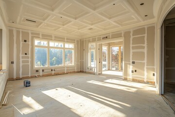 Applying plaster to drywall in a new house under construction