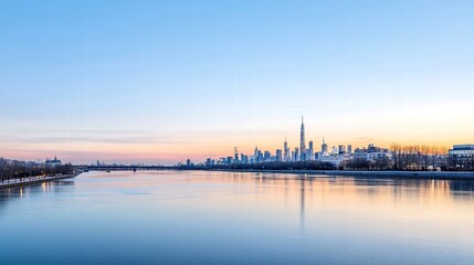 Fototapeta premium An elegant city skyline silhouette at dusk, showcasing a mix of modern and futuristic architecture. The calm evening sky serves as a dynamic backdrop, capturing the essence of urban sophistication,