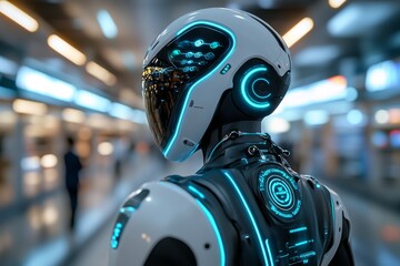 Futuristic humanoid robot with illuminated features exploring a modern urban environment