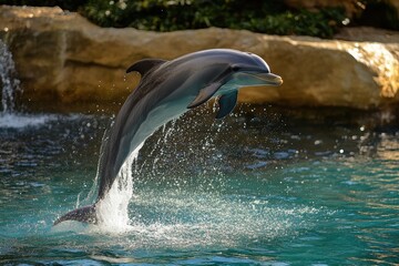 Obraz premium Aquatic performance featuring playful marine animals showcasing tricks in a marine park