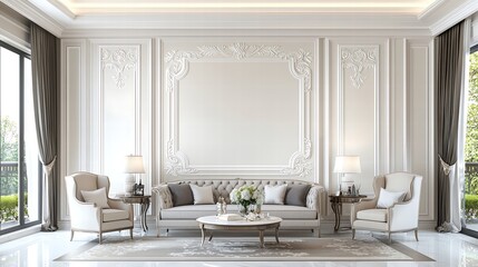 A panoramic view of a living space transformed by a vintage wallpaper design that embodies classic beauty. The wallpaper features a subtle, muted palette with timeless motifs, creating a stylish yet