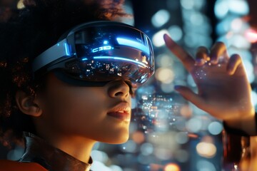 Virtual reality experience in an urban environment at night with a focus on immersive technology